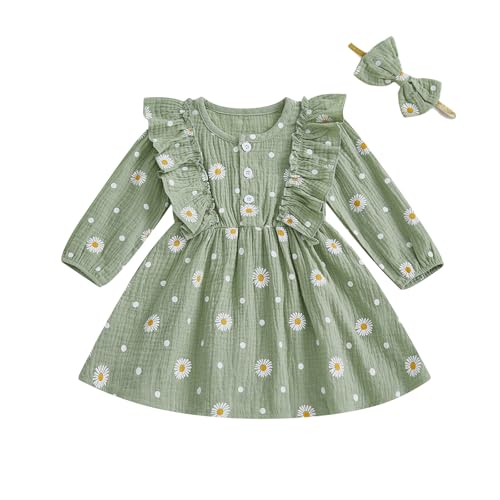 Toddler Baby Girls Fall Outifts Long Ruffle Sleeve Floral Daisy Print Smocked Dress and Headband 2 Pcs Set Cute