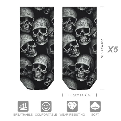 5 Pairs Ankle Socks Soft Breathable No Show Socks Comfortable Cotton Low Cut Casual Socks for Women Men Black Skull2