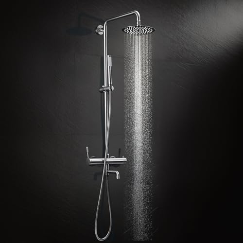 Image of Hindware Italian Collection Integrated Shower Console with Hand Shower, Overhead Shower & Bath Spout | Wall Mount Installation | Made of SS | Gun Metal Finish | Slim Lever Operated | Evinco Range