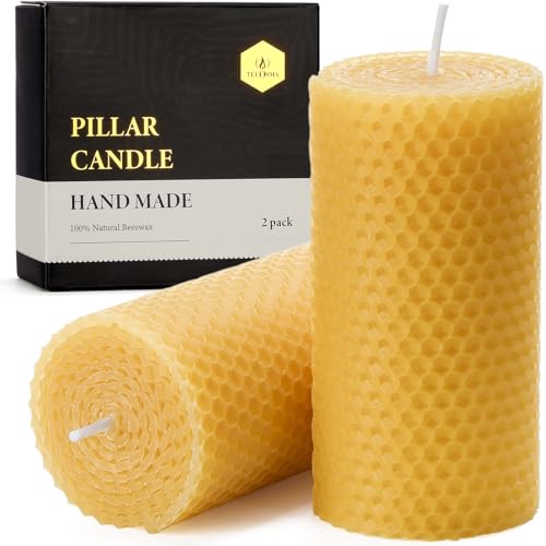 Drippless Beeswax Pillar Candle - Set of 2 - Hand Rolled Pure Natural Beeswax Candles 2 x 4 inch, Honeycomb Surface - Great for Home Decor, Best Choice for Mother Father or Sister Gift - Yellow