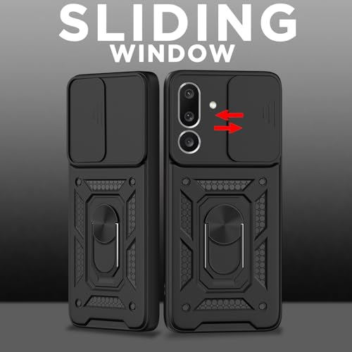 Image of Outlouders Back Cover for Samsung Galaxy M36 5G | D10 Tough Armor 360 Protection Case with Sliding Camera Shield & Ring Holder Stand Bumper Case (Black)