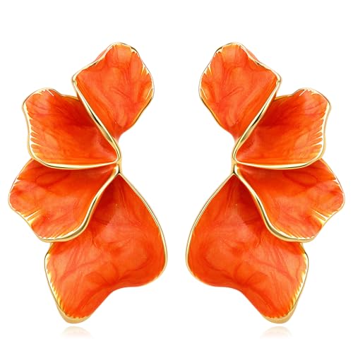 Lanadale Gold Flower Dangle Earrings for Women, Chunky Orange Enamel