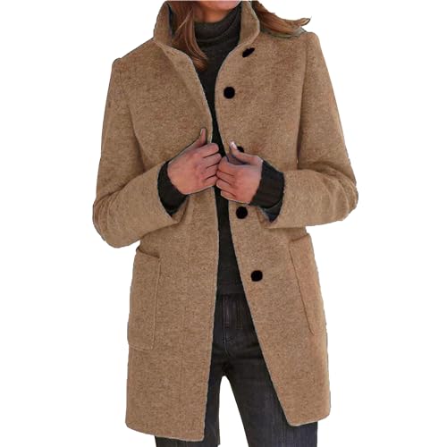Maiyifu-GJ Women's Fall Winter Wool Blend Pea Coats Mid-Long Trench Coat Stand Collar Single Breasted Overcoat