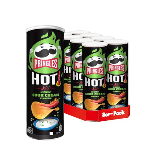 Pringles HOT Kickin' Sour Cream Flavour (8 x 160 g) – der unwiderstehliche Snack-Klassiker in der praktischen Dose – scharfe Chips mit Sour Cream Geschmack – Pop. Play. Eat.