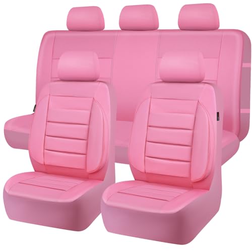 Image of CAR PASS Pink Leather Seat Covers Full Set Universal Water Resistant 3D Foam Back Support, Luxury Comfort Automotive 5 Seat Covers for Women All Season Fit SUV,Sedan,Van, Airbag Compatible Pink