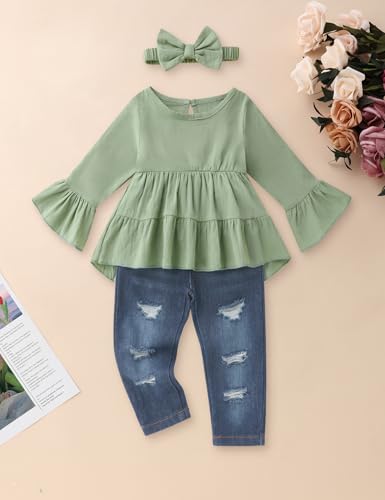 Image of Toddler Girl Clothes Long Sleeve Ruffle Dress Top and Jeans Pants Toddler Girl Fall Outfits