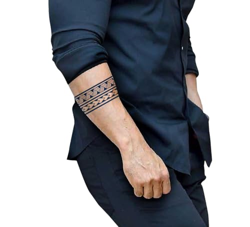 Image of Semipermanent Temporary Tattoo Stickers 20-25 days Lifespan For Men Women Boys & Girls Waterproof 3D Realistic Arm Band Hand Compass Tatto Sticker Blue Coloured Temp Watertransfer Tribal Armband Temporary Tattoo, Blue Geometric Pattern, Unisex Size-24X6.3cm GZBH-034