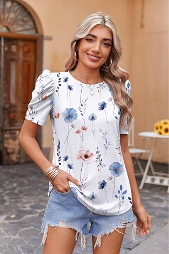 Zeagoo Blouse for Women Dressy Casual Puff Short Sleeve Boho Tops Fashion Floral Crew Neck Tunic Shirts Summer Clothes3