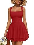 Trendy Queen Womens Mini 2026 Summer Spring Party Cruise Beach Vacation Clothes Outfit Clothing Date Night Square Neck Flowy Sun Sundress Ruched Birthday Homecoming Short Graduation Dress Red