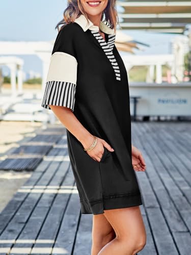 Wenrine Women's Polo V Neck T Shirt Dress Casual Summer Oversized Color Block Short Sleeve Sweatshirt Mini Dresses3