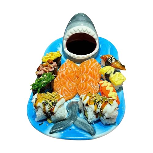 Assiette à Sushi | Plateau de Service Lavable au Lave-vaisselle et Résistant aux Rayures - Plat Requin Avec Compartiment À Sauce - Pour Dumplings Fruits Fêtes Maison Restaurant