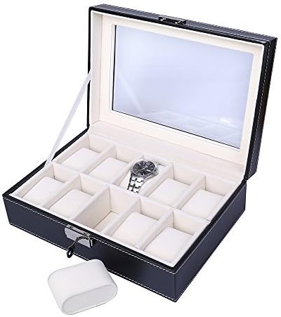 Watch Box Watch Organiser, Watch Box Storage for 6/10/12 Grids Faux Display Case Jewelry Boxes with Glass Lid Lock Key and Velvet Liner by JKC