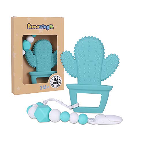 AmazingM Cactus Teething Pain Relief Toy with Pacifier Clip,Food Grade BPA Free Silicone Teether,Teething Egg for Boy and Girl (Green)
