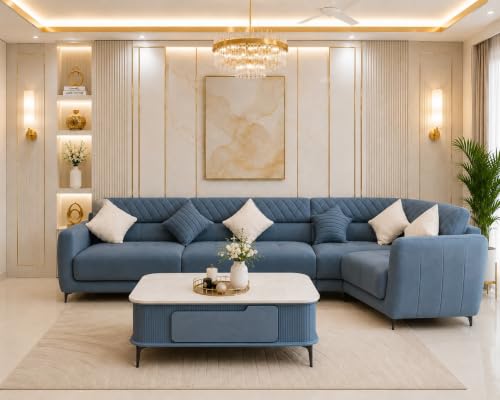 Image of WOODEN SPACE Premium Solo Marble-Top Wooden Center Table for Living Room | Iron Legs | PVD Coating | Modern Entryway Furniture | Coffee Table - 42X24X18 in (Blue)