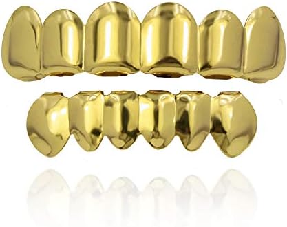 TOPGRILLZ 18K Gold Plated Hip Hop Custom Fit Teeth Grillz Set Caps with 4 Silicon Molding Bars (Gold 6 Fangs)