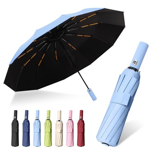 FANSEZQ ANSEZQ Windproof Travel Umbrella - Automatic Open Close, 24 Ribs Heavy Duty Compact Folding Umbrella, UV Protection Rain Umbrella for Men and Women (blue)