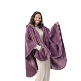 Berkshire Faux Fur Wearable Blanket, Cozy Reversible Loftmink Fleece Shawl with Hood & Side Pockets, All-Season Warmth, One Size Fits Most (Plum Smoke, 58’’×64’’)