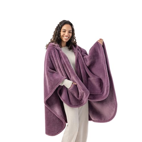 Berkshire Faux Fur Wearable Blanket Cozy Reversible Loftmink Fleece Shawl with Hood & Side Pockets All-Season Warmth One Size Fits Most (Plum Smoke 5864)