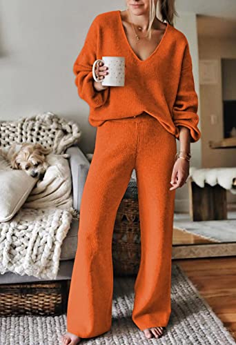 Image of Viottiset Women's 2 Piece Outfits Casual V Neck Knit Wide Leg Sweater Lounge Set Sweatsuit