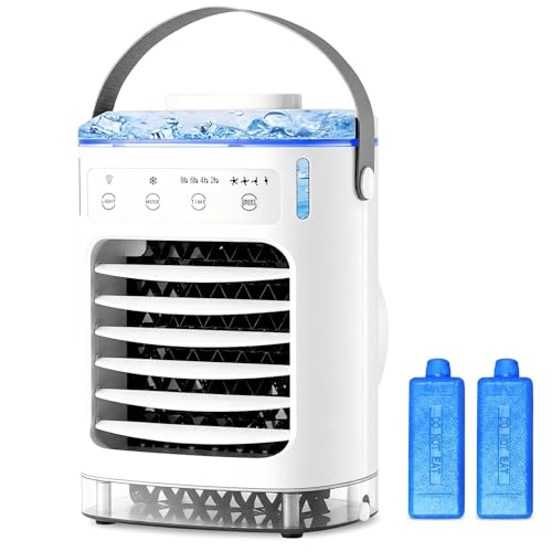 Image of SPOKKI Portable Air Cooler Fan, 4-in-1 USB-C Mini Air Conditioner Fan with 700ml Water Tank, 4 Speeds, 3 Modes, 2/4/6/8H Timer, 7 Colour Night Light, Personal Evaporative Cooler for Bedroom, Desk, Off