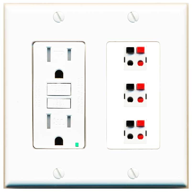 RiteAV 3 Port Speaker Wire Plug Jack Wall Plate - GFCI Outlet [White]