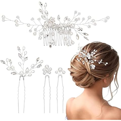 MELLIEX 4 Stück Haarschmuck Hochzeit, Kristall Perlen Brautschmuck Haarkamm U-förmig Braut Haarnadeln für Frauen Mädchen, Silber Cover