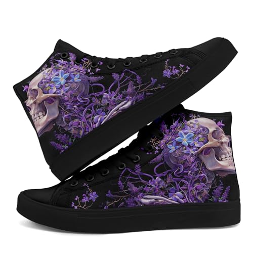 High Top Canvas Sneakers with Skull Floral, Lightweight Casual Walking Goth Shoes for Streetwear Skate Travel Purple/Black