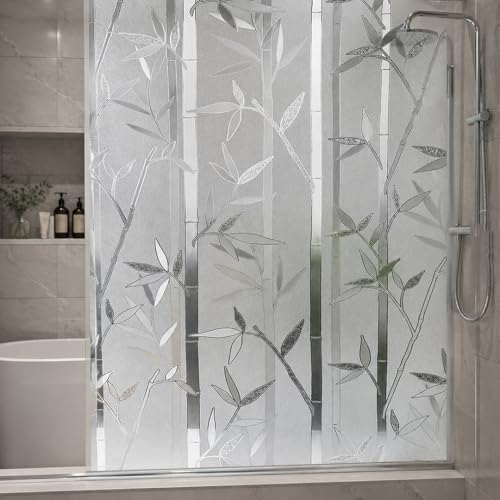 Image of CVANU Bamboo Frosted Privacy Window Film, Self Adhesive Waterproof Vinyl Sticker for Glass Doors, Windows, Bathroom & Office Use (24 x 84 Inch)