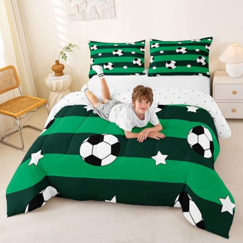 Image of Feelyou Soccer Comforter Set Full Size Kids Football Pattern Games Bedding Set for Boys Girls Teens Sports Theme Green Geometric Stripes Duvet Quilt Room Decor