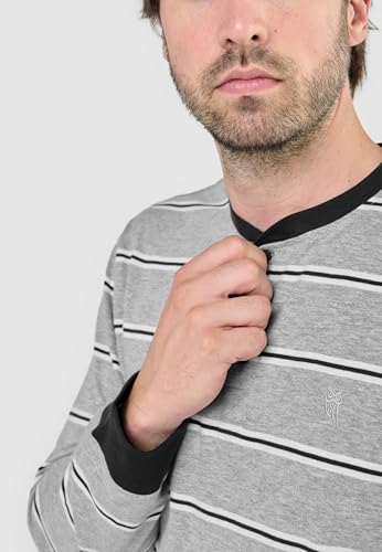 El Búho Nocturno Mens Pajama Set Long Sleeve Knit Premium Striped Pajama Set for Men, 92% Cotton, 8% Viscose, Grey 5587, XL4