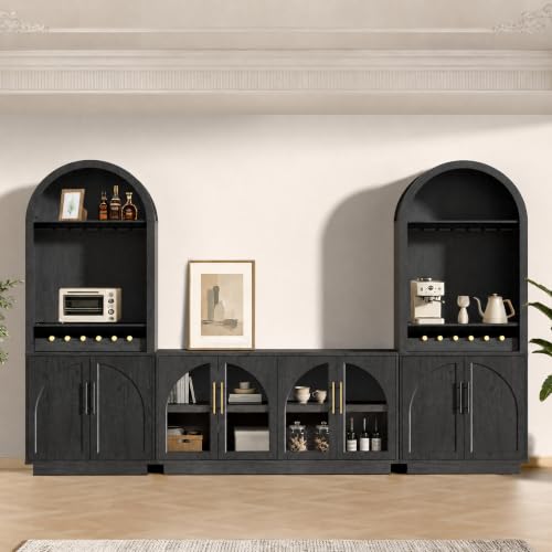 Fatmok Modular Entertainment Center & Coffee Bar with LED Lighting,Charging Station,Arched Glass Sideboard Buffet Cabinet,Modern Liquor&Wine Display Cabinet for Living Room,Black Grey(FBF,4-Piece)