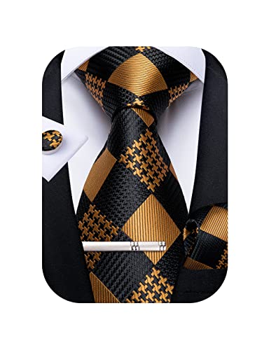 Image of DiBanGu Plaid Ties for Men Silk Checkered Necktie and Pocket Square Cufflinks Tie Clip Set with Gift Box for Wedding Business