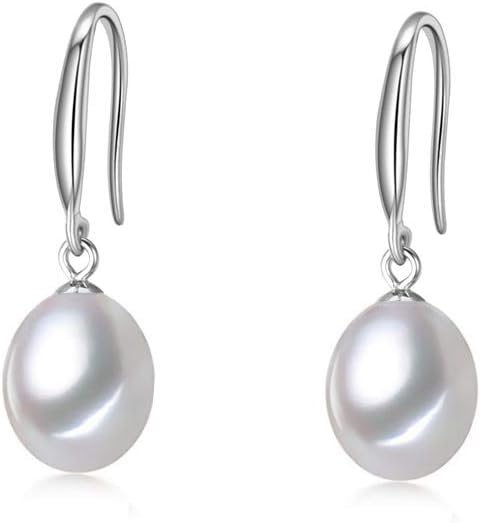 Elegant White Freshwater Cultured Pearl Dangle Earrings for Women Drop Shaped AAAA Quality in Sterling Silver (7.5x9mm) - PremiumPearl