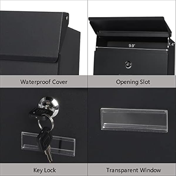 Kasten Buzón de bloqueo para montaje en pared, buzón de gran capacidad con cerradura de llave, caja impermeable para exterior, 15.2 x 10.1 x 3.3 pulgadas, negro