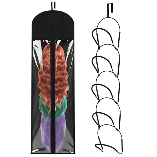 Blulu 5 Pcs Wig Hangers Rack for Multiple Wigs with Dust-proof Storage Bags Hanging Storage Organizer for Hat with Anti-slip Grips Space Saving for Door Wall Closet Bathroom (Black)