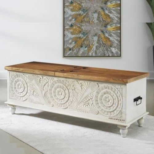 Image of Vifo Wooden Trunk Box for Storage | Solid Wood Coffee Table for Living Room | Handcrafted Center Tea Table with Sandook Storage for Living Room | Pitara for Home and Bedroom (White Wash)