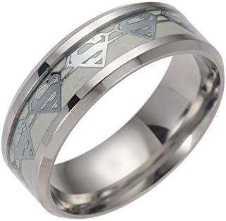 ERLUER Men's Stainless Steel Rings Luminous Glow in the Dark Superman Band Women Jewelry Ring (Silver, 6)