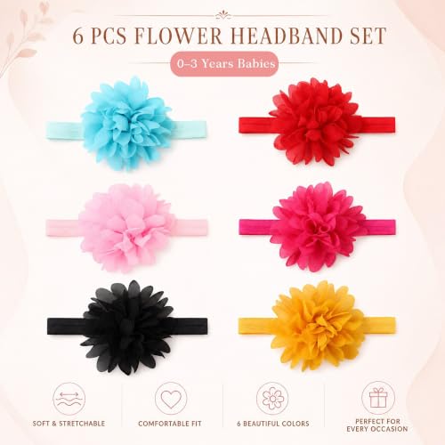 Image of Babymoon Set of 6 | Plain Flowers Soft Synthetic Hairbands for Baby Girls, Infants and Toddlers Headbands | Multi