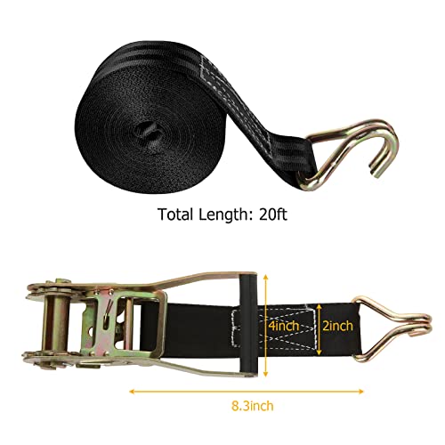 Image of 2 Pack 2 Inch Ratchet Straps Heavy Duty 20ft Tie Down Straps Ratchet with Double J Hook, 8000 LBS Break Strength, Cargo Ratchet Straps for Moving, Truck, Trailers, Motorcycles, Kayaks, Car Roof