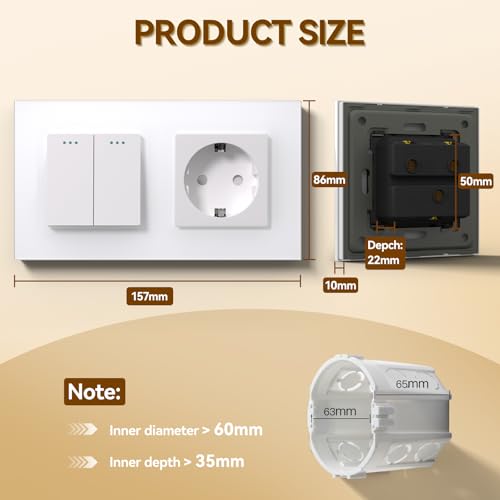 BSEED Druckknopf lichtschalter glas und 16A AC EU Steckdose Glasscheibe 2 Fach 1 Weg Wandschalter Wei&szlig;
