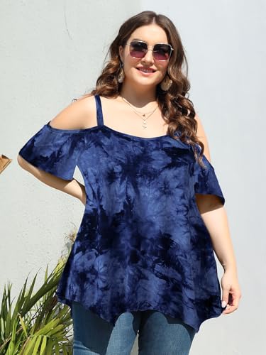 Image of LARACE Cold Shoulder Tops for Womens Summer Clothes Spaghetti Strape Tunic Oversized Shirts Asymmetrical Plus Size Blouse