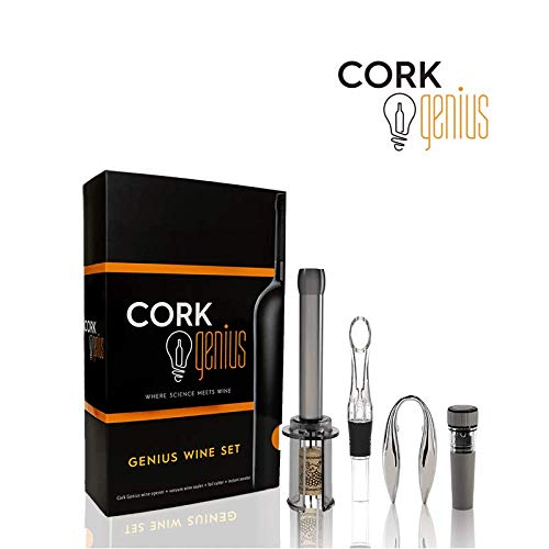 Cork Genius Wine Opener Set (4-Piece) with Wine Accessories - Includes Air Pump Bottle Opener, Bottle-Top Aerator, Wine Foil Cutter, and Vacuum Seal Wine Stopper - Premium Stainless Steel Materials