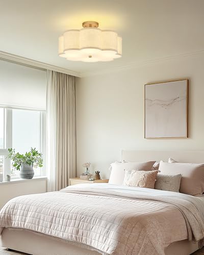 Image of Gold Semi Flush Mount Ceiling Lights, 4-Light 18 inch Brass Light Fixtures Ceiling Mount with Linen Fabric Drum Shade in Flower Shape for Nursery Bedroom Kitchen Hallway, AD-22009-4SF-GD-B