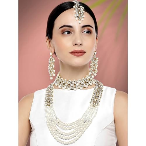 Aheli Wedding Party Wear Bridal Jewellery Choker Long Pearl Necklace Earrings Maang Tikka Indian Traditional Set Gift for Women4