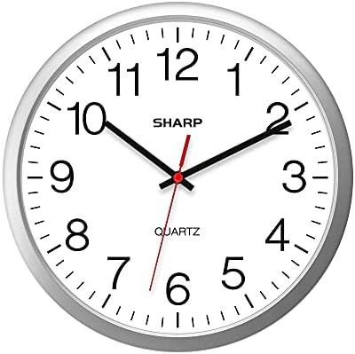 SHARP Wall Clock – Silver, Silent Non Ticking 14 Inch Quality Quartz Battery Operated Round Easy to Read Home/Kitchen/Office/Classroom/School Clocks, Sweep Movement
