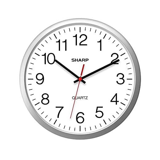 Sharp Wall Clock – Silver, Silent Non Ticking 14 Inch Quality Quartz Battery Operated Round Easy to Read Home/Kitchen/Office/Classroom/School Clocks, Sweep Movement