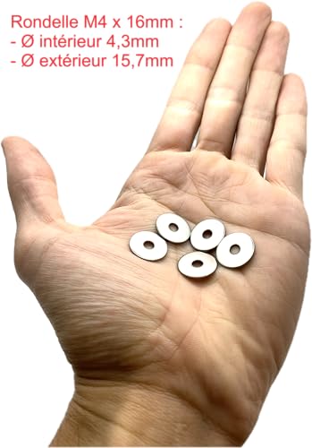 ProRaje Unterlegscheiben aus Metall, M4, Edelstahl, Außendurchmesser: 16 mm | flache Unterlegscheibe, extra breit M4 x 16 mm | Edelstahl A2 (V2A/304) Norm NFE 25513 LL | Holz/Metall/Muttern/Schrauben/