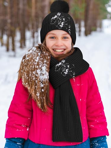 Image of JaGely 2 Sets Kids Winter Hat Gloves Scarf Set Girls and Boys Knit Hat with Pom Warm Scarf Snow Gloves for 3-10 Years Toddler