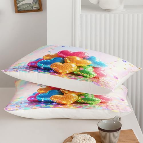 Image of QOOMO Kawaii Heart Kids Comforter Set,Cute Rainbow Print Bedding Set Twin Size for Boys Girls Room Decoration,Pink Bed Set Microfiber Lightweight All Season,1 Comforter Set 2 Pillowcases