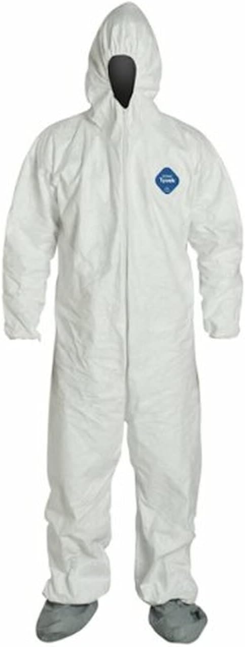 TY122S Disposable Elastic Wrist, Bootie & Hood White Tyvek Coverall Suit 1414 (Medium)